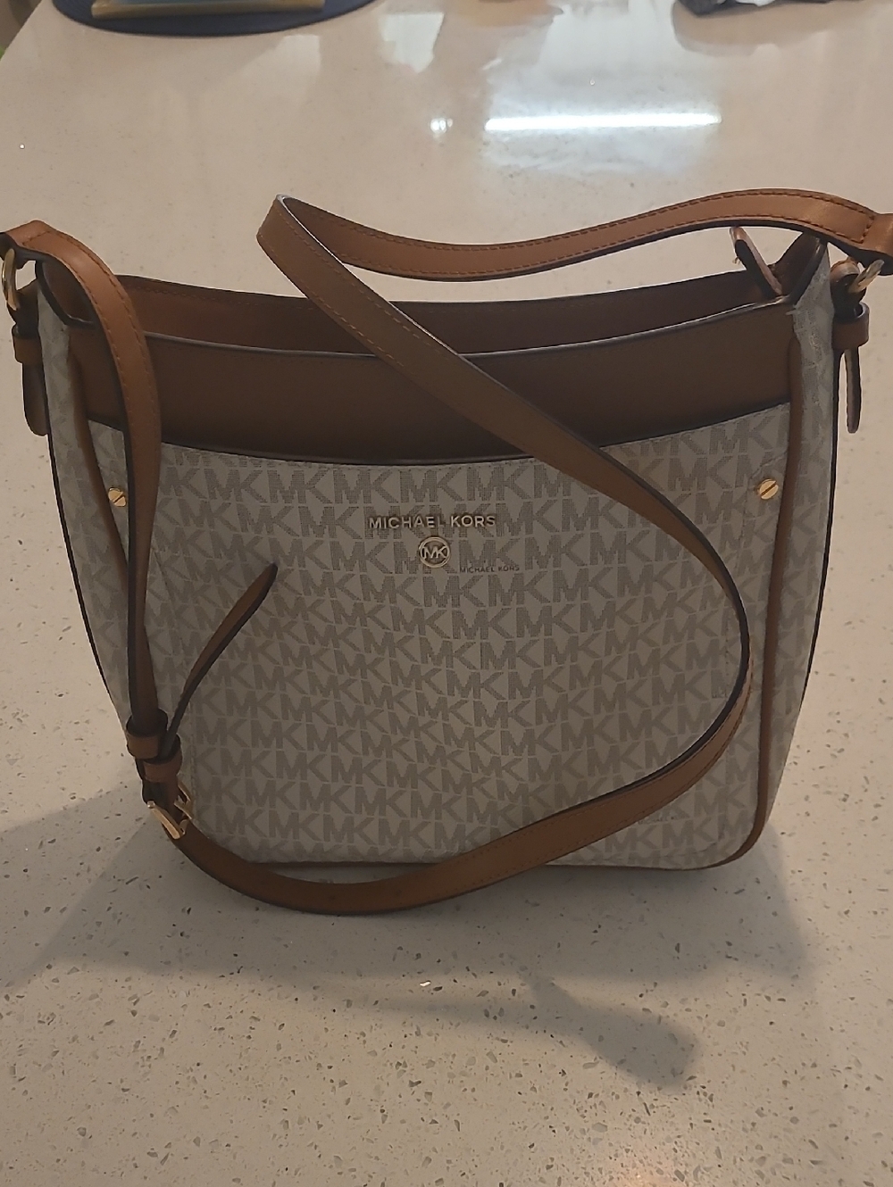 Michael Kors Beige MK Logo Shoulder Bag with Brown Trim
